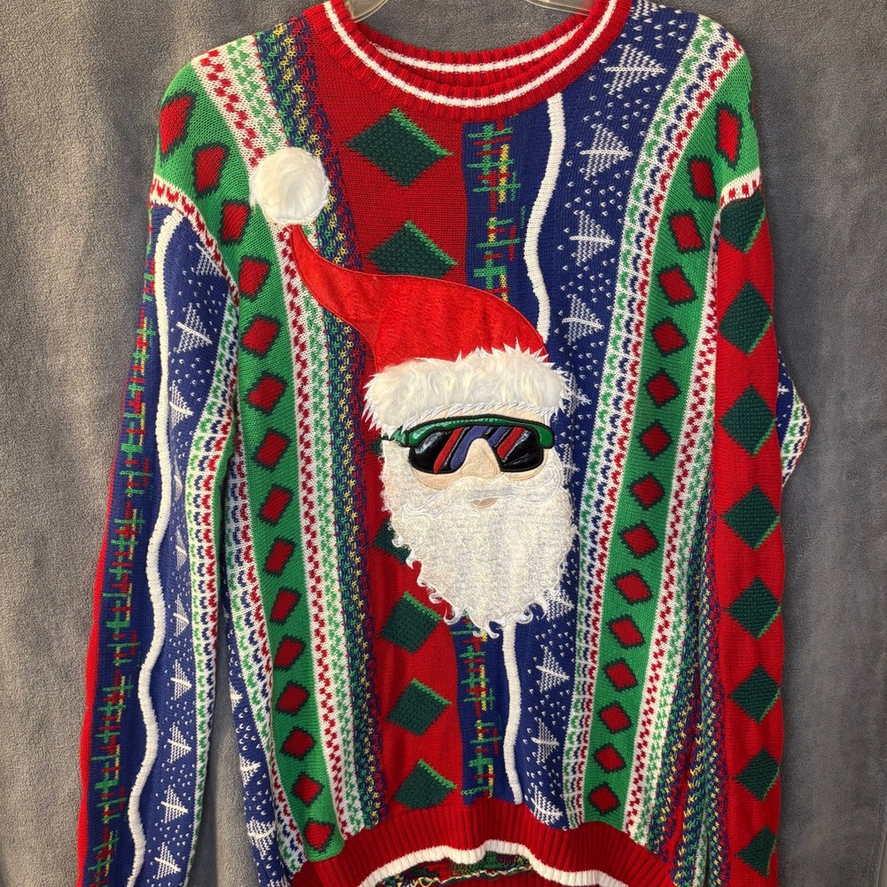 Santa Ugly Christmas Sweater Mens S (M tag) Blizzard Bay Sunglasses Red Green